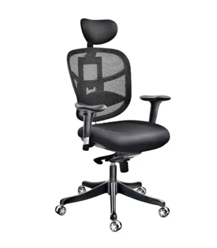 DI 1603 ergonomic mesh office chair with high back, adjustable headrest, and seat depth. Features PU cushion, lumbar support, and swivel base.