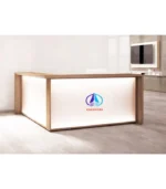 Contemporary reception desk with acrylic panel display and wood particle board, perfect for multi-user setups