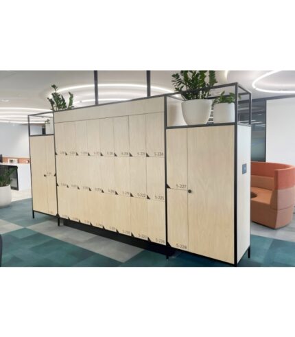 Modular staff lockers with metal frame and integrated planters