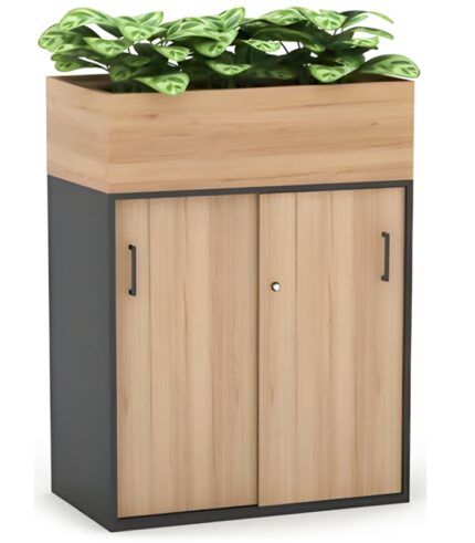 Storage unit with sliding door and open space, Model DI 712 – modular office storage solution with planter box, Nagpur, Nashik