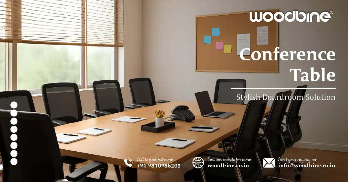 Stylish, functional conference tables by Woodbine. Custom designs with power outlets, modular options & premium finishes for modern boardrooms.