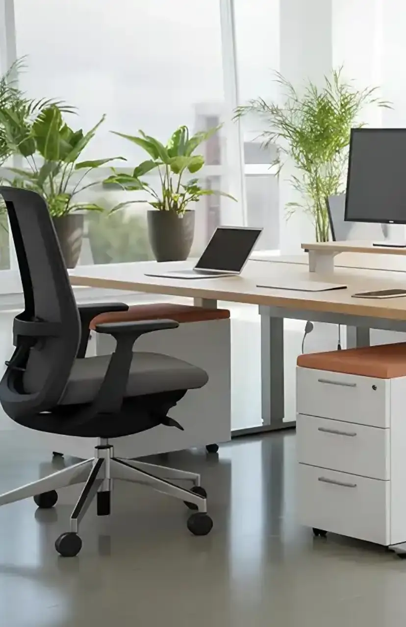 Modern workspace setup with ergonomic office chair and modular furniture by Woodbine