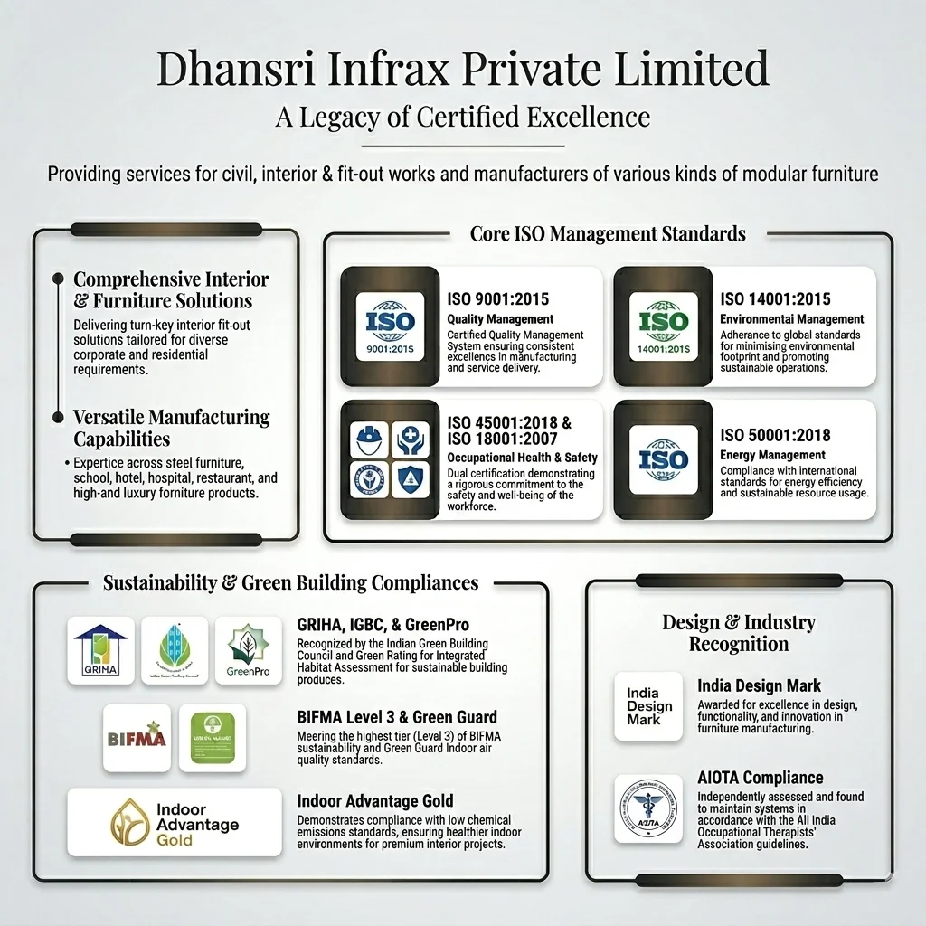 Woodbine Dhansri Infrax ISO 9001 14001 45001 50001 certified office furniture manufacturer in India